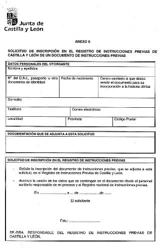 Anexo II SOLICITUD DE INSCRIPCION EN EL REGISTRO DE INSTRUCCIONES PREVIAS CYL